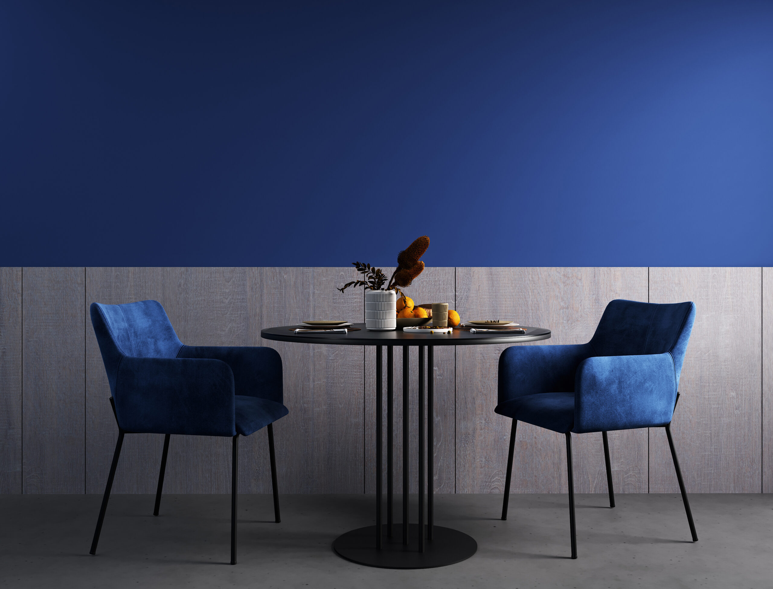 Interior design of modern dining room, black table and blue cha